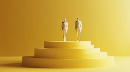 Two white stick figure men standing on a yellow platform with a yellow wall behind them.
