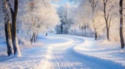 Obraz premium Winter Wonderland: A Snowy Path Through a Frosty Forest