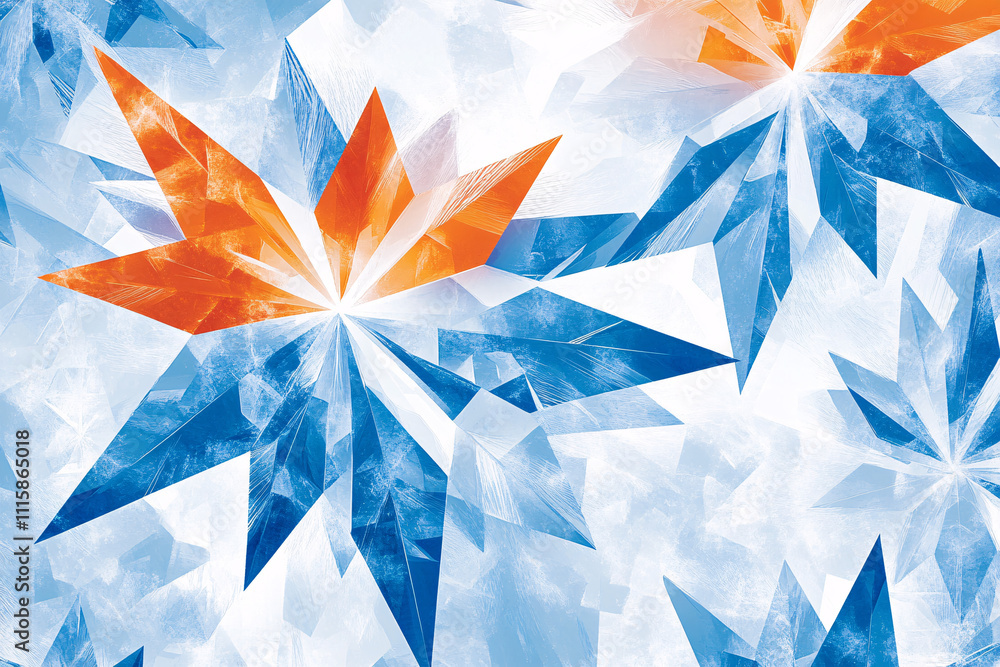 Poster geometric icy star-like patterns in blue and orange tones creating a frosty and dynamic abstract des
