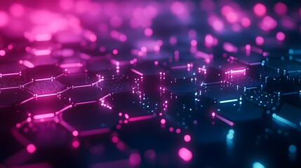 Obraz premium Abstract hexagonal grid with pink and blue neon lights.