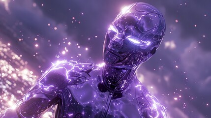 Glowing metallic humanoid figure with purple energy.