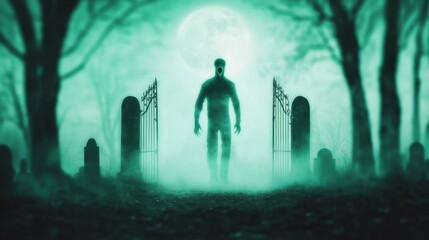 Fototapeta premium Spooky Cemetery Gate Ghostly Figure Creepy Night Scene Halloween Horror