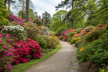 A winding path surrounded by dense, colorful flowers and lush greenery