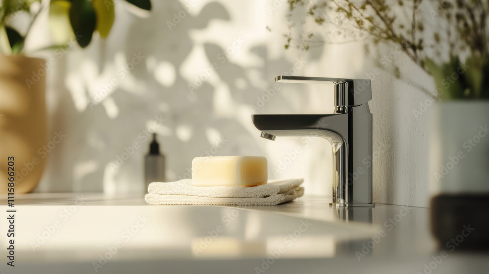 Aufkleber modern faucet with soap in use, reflecting everyday hygiene practices. serene setting features soft 