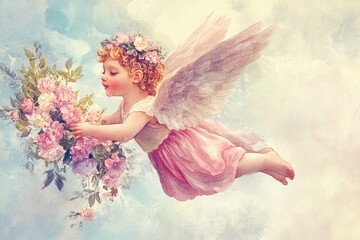 A cherubic child angel, with wings and a floral crown, floats in a sky filled with clouds, holding a bouquet of flowers.