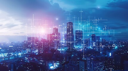 Fototapeta premium A city skyline at night, with glowing lines and icons representing technology connecting buildings over water.