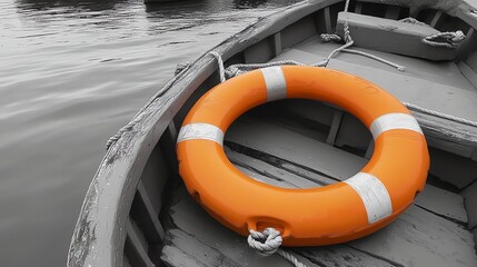 An orange life preserver in a gray boat.