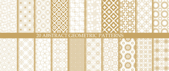 Set of 20 abstract geometric pattern with triangle, lines and stripes on white background. A seamless vector background. Graphic modern pattern. White and gold pattern.