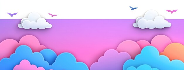 In the summer sunshine there is a cloudy heaven background with blue and pink gradient colors, forming a panorama of the sky in clear weather. Cartoon illustration of a sunny summer day and cloudy