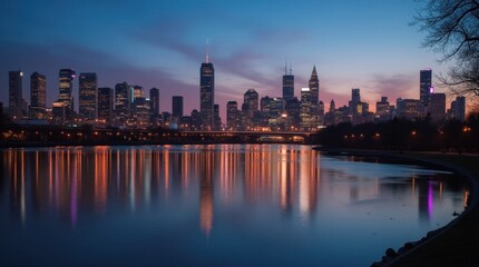 Obraz premium City Lights Reflecting on a Calm River at Twilight