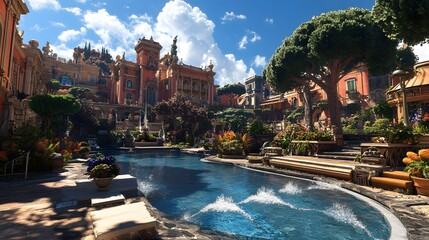 Naklejka premium A vibrant courtyard with a pool, surrounded by lush greenery and ornate architecture.
