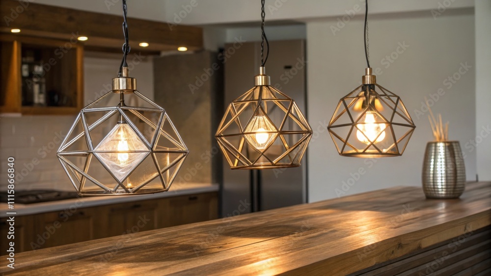 Poster Three metallic pendant lights with geometric designs dangle gracefully above a wooden countertop their reflection shimmering in the smooth surface below.