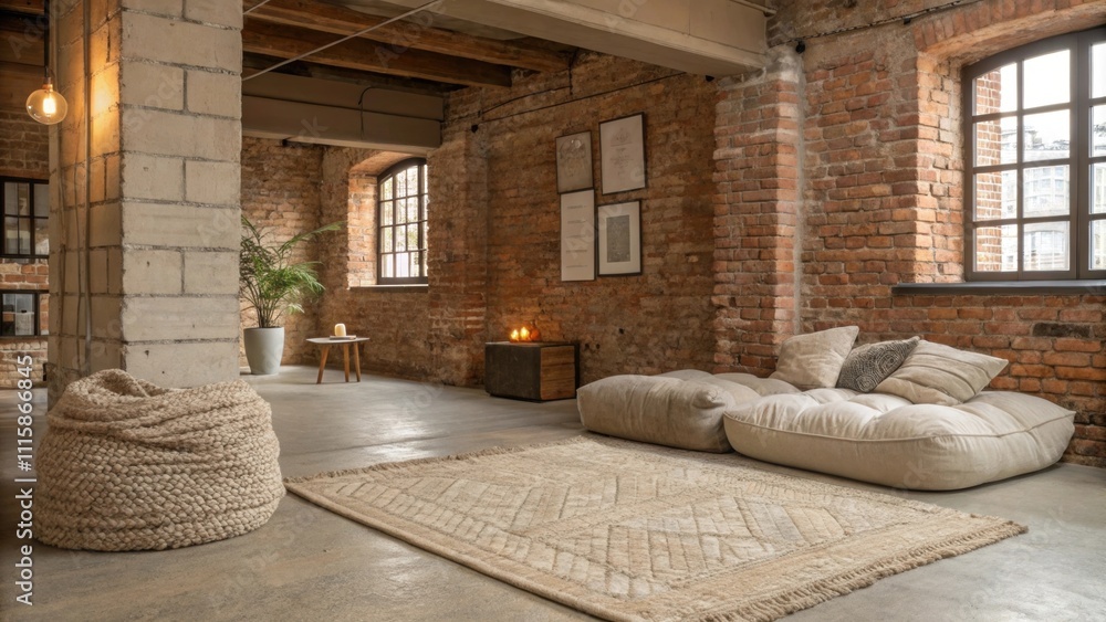 Aufkleber the warmth of exposed brick walls complements a neutral color palette featuring a plush area rug and