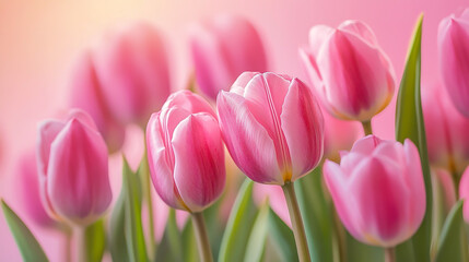 Fototapeta premium Vibrant pink holiday banner featuring a stunning bouquet of pink tulips against a soft pink backdrop.