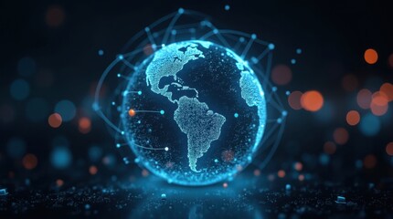 Obraz premium Interconnected Data Streams Visualized on a Holographic Globe