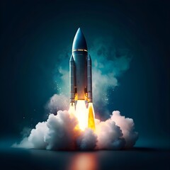 Fototapeta premium A space rocket launching with a burst of flames and smoke on a dark blue background,png, Generative Ai 