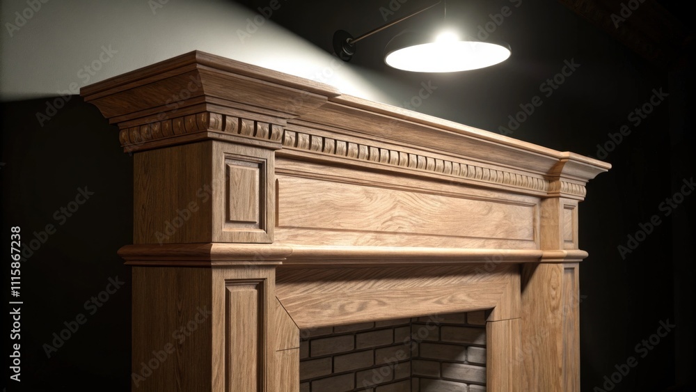 Poster the silhouette of a fireplace mantel against a bright overhead light capturing its elegant lines and