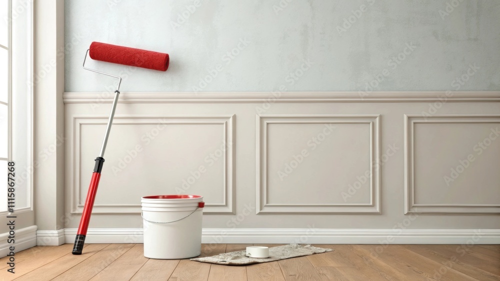 Poster the renovated room features a wall that glows with a light primer while a bright red paint roller si