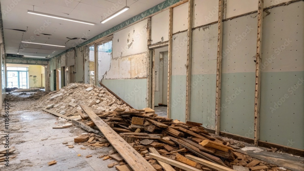 Poster the remnants of a partition wall with curling chunks of drywall and splintered wood pieces piled hig