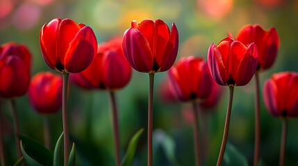 Vibrant red tulip flowers in a lush background.