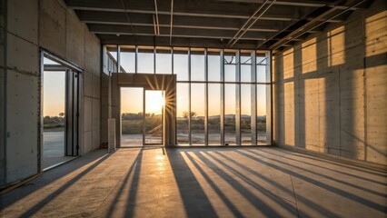 Fototapeta premium The raw edges of the steel frame are highlighted by the afternoon sun streaming through the unfinished doorway casting interesting shadows on the floor.