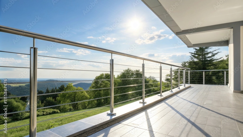 Poster the framework of a modern balcony railing constructed of stainless steel stands ready against the ba