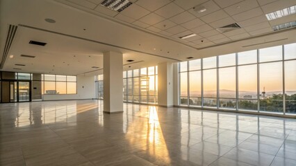 The glow of afternoon sunlight spills onto the floor of an empty space emphasizing the fresh renovation and the crispness of clean lines.