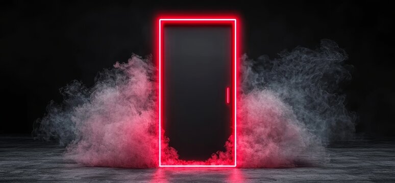 Neon light door on black background. Modern realistic illustration of vertical rectangle frame portal on night club stage with red, orange, yellow smoke, reflection on floor, sparkling particles