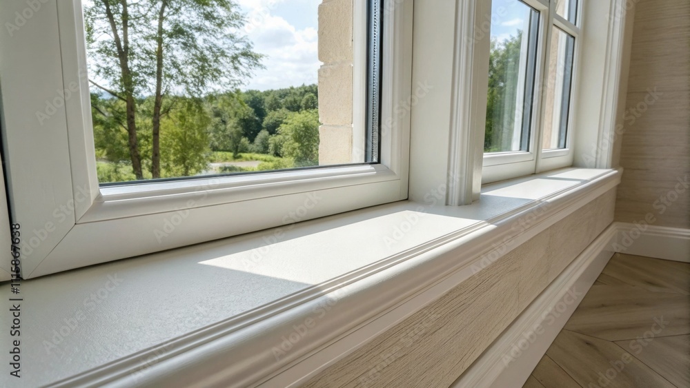 Poster The corner of a bright room focusing on the window sill with new caulking expertly smoothed out and a backdrop of a lightcolored wall enhancing the clean look.