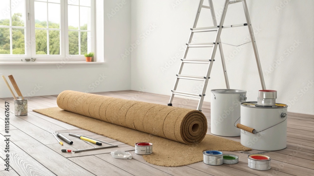 Aufkleber the cork flooring roll takes center stage in a minimalist room surrounded by tered renovation tools 