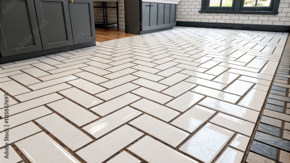 Poster The bathroom floor showcases glossy white subway tiles laid in a herringbone pattern with dark grout lines enhancing the dynamic layout.