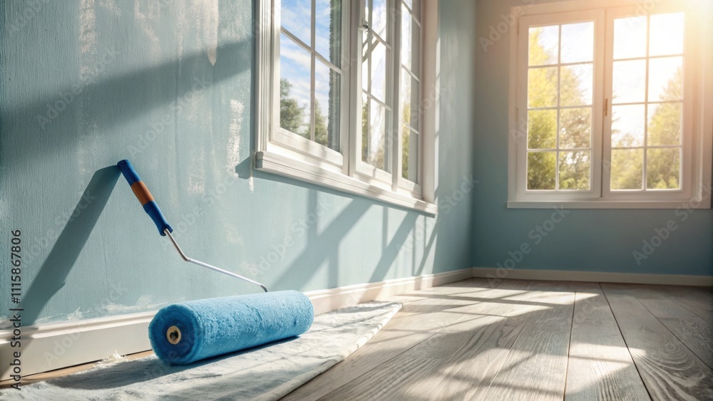 Aufkleber Sunlight streams through a window casting shadows on the newly primed wall with a blue paint roller on the floor hinting at a colorful transformation.