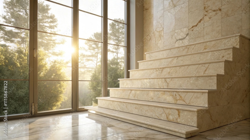 Poster Sunlight streaming through a large window illuminating a vertical stack of beige marble slabs highlighting their smooth surfaces and organic patterns.