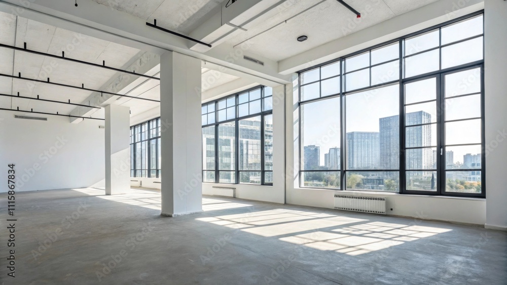Poster sunlight radiates into a vacant space with large new windows showcasing stark white walls that creat