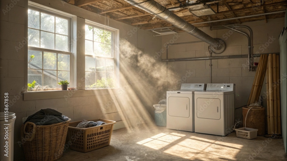 Poster sunlight filters in highlighting the dust motes in a partially renovated laundry room where the air 