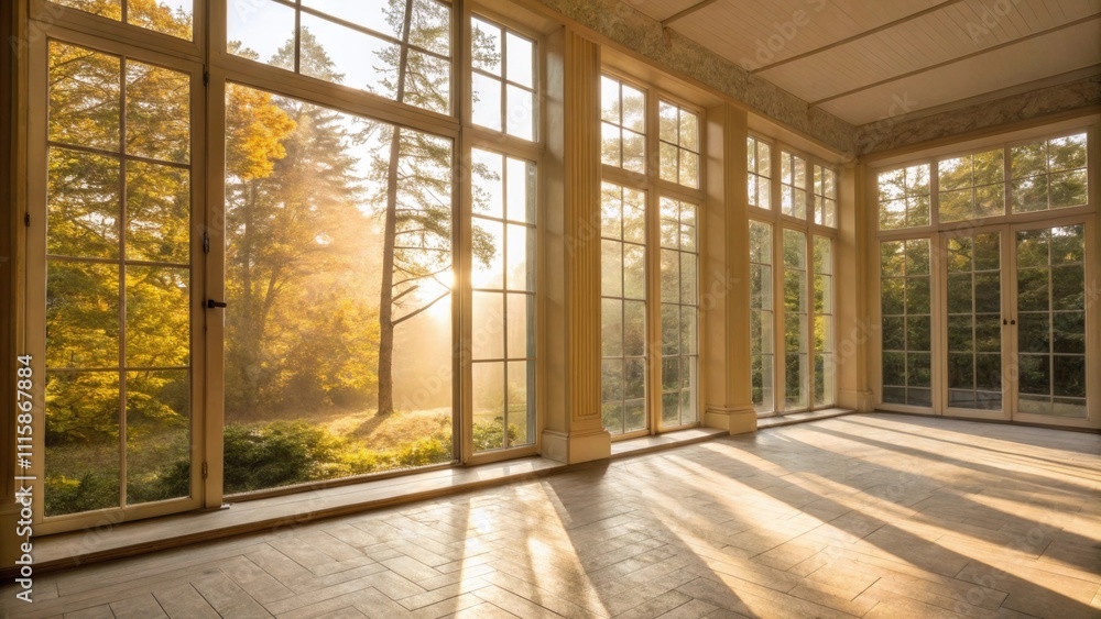 Poster Sunlight dances across the floor of a room where tall windows invite the outdoors in creating a bright and airy atmosphere.