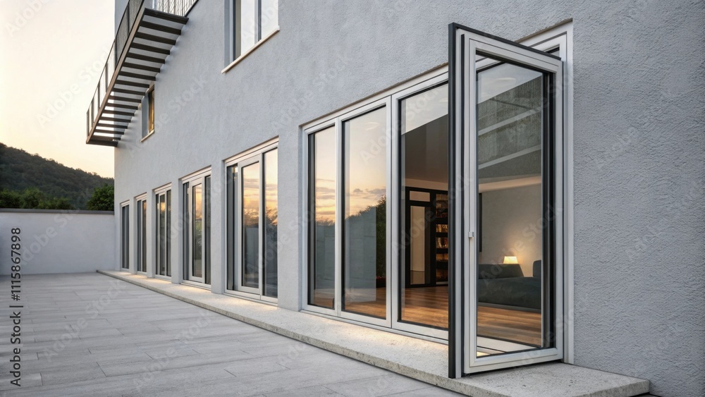 Poster stacked sliding window frames their glass panels reflecting the dim light of the interior create a g