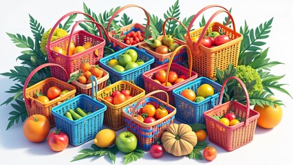 Vibrant Isometric Illustration, Multicolored Shopping Baskets Overflowing with Fresh Produce, Featuring 'Limited Time Offer' & 'Exclusive Deal' Promotions