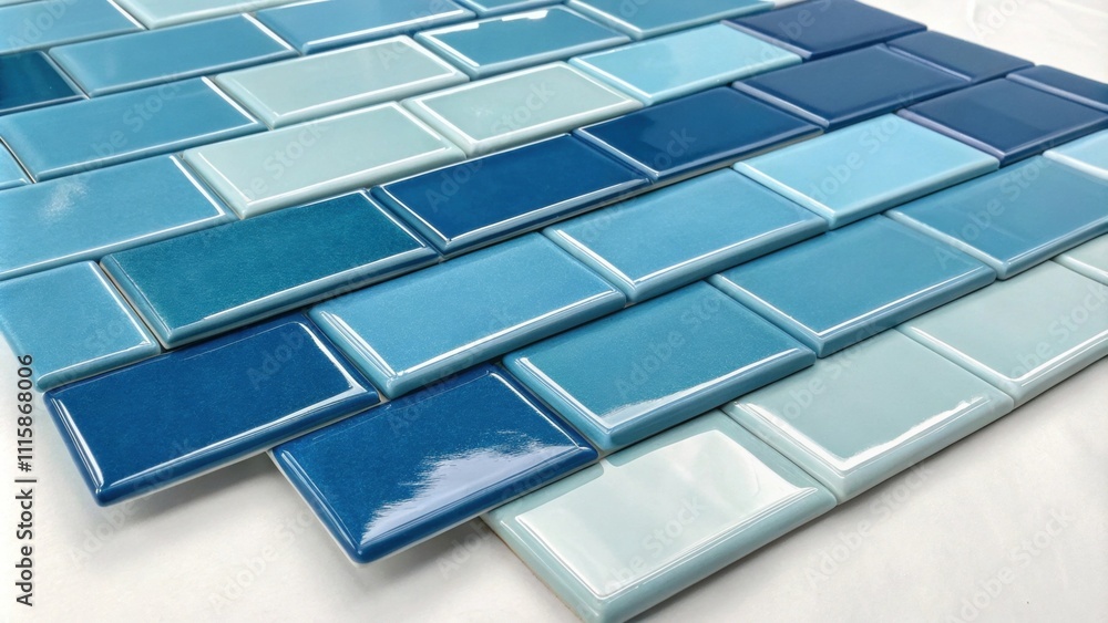 Poster stacks of glossy subway tiles in varying shades of blue creating a fresh and contemporary atmosphere