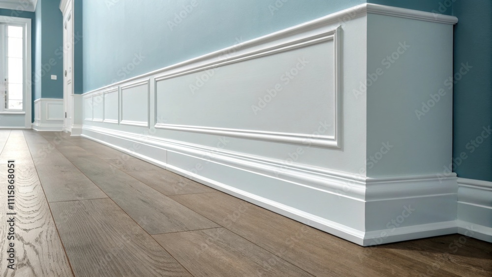 Poster sleek baseboards in a soft white hue running along a wall painted in a muted blue shade creating a t