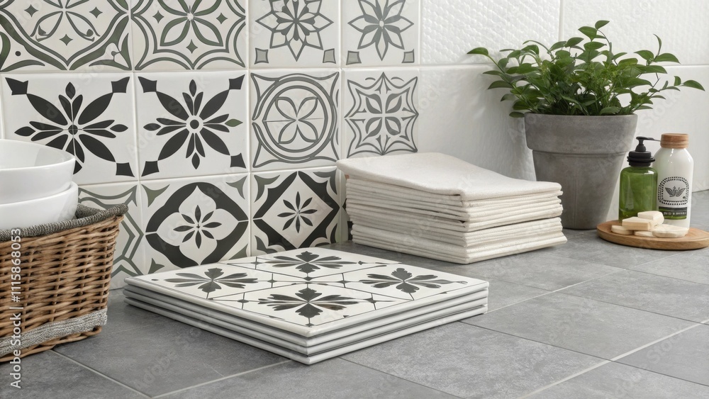 Aufkleber Sleek black and white patterned tiles arranged in neat stacks resonating with a minimalist and sophisticated style inviting a chic update to any space.