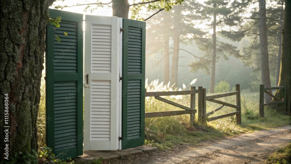 Poster shutters in deep forest green and crisp white propped upright against a rustic wooden fence with del