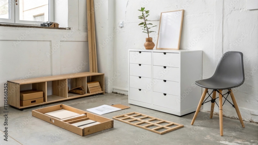 Aufkleber Set against a backdrop of stark white walls an unassembled furniture kit sits neatly organized in a corner the clean lines of the materials inviting the potential for modern