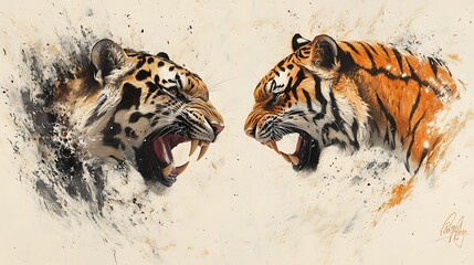 Obraz premium Dynamic angry leopard and tiger pencil sketch images capturing ferocity with artistic precision