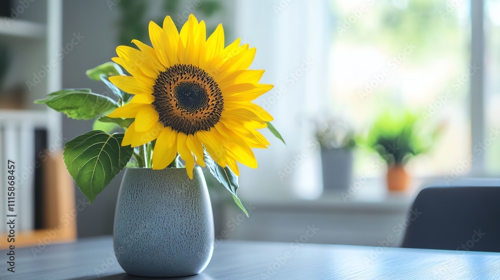 Poster a single sunflower in a gray vase on a table in front of a window.