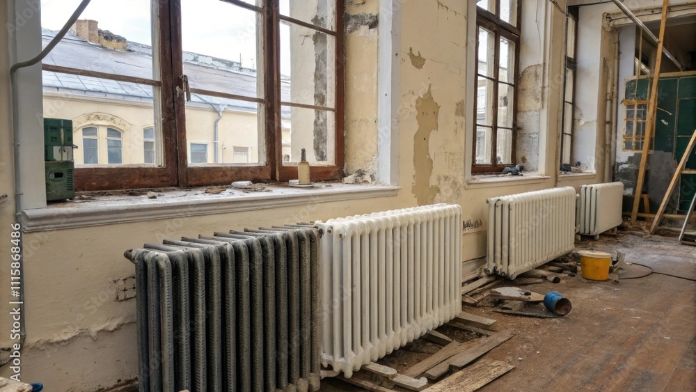 Poster multiple sections of an old radiator are neatly stacked against a wall with a window frame partially