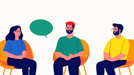 Group Discussion Among Three Individuals in Colorful Modern Chairs with Speech Bubble Indicating a Conversational Atmosphere and Engaging Body Language