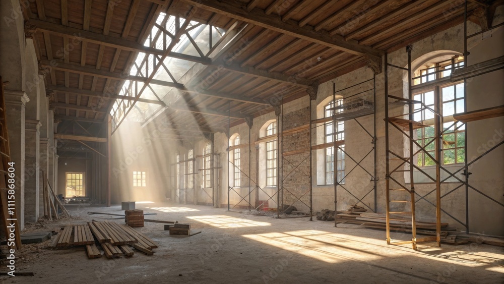 Poster Light filters through the gaps in the scaffolding illuminating the wooden beams and unfinished surfaces in a room awaiting its new design.