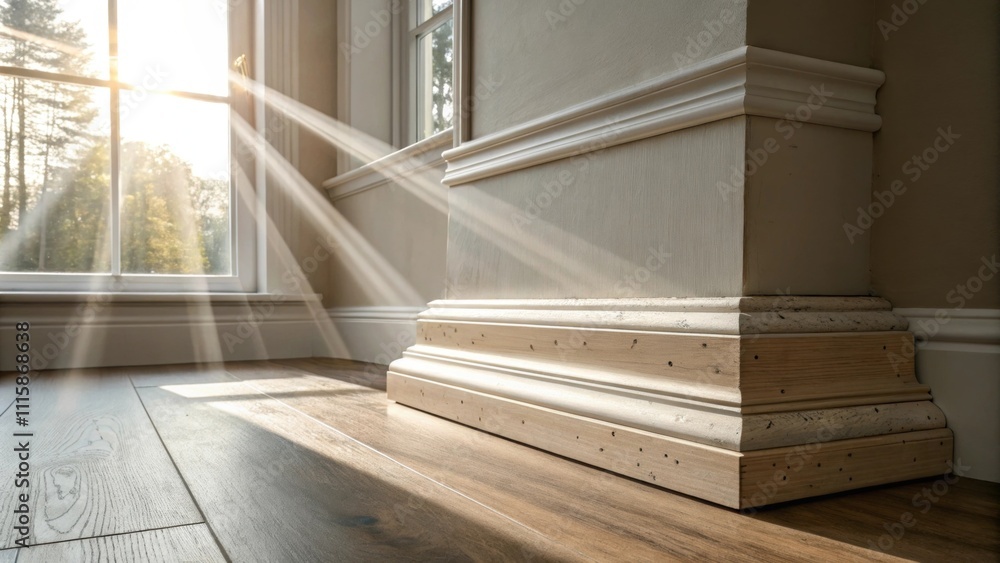 Aufkleber Light filtering through a window illuminating a stack of contemporary baseboards which show slight imperfections from manufacture adding a hint of character.