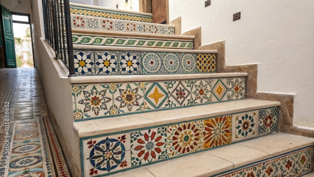 Poster Intricately designed Moroccan tiles stacked with care each tile telling a story through its ancient patterns anticipating installation in an enchanting hallway.